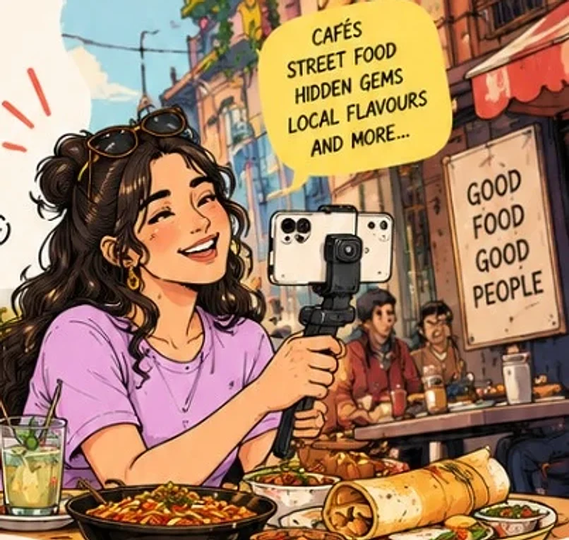 A creator filming street food on her phone