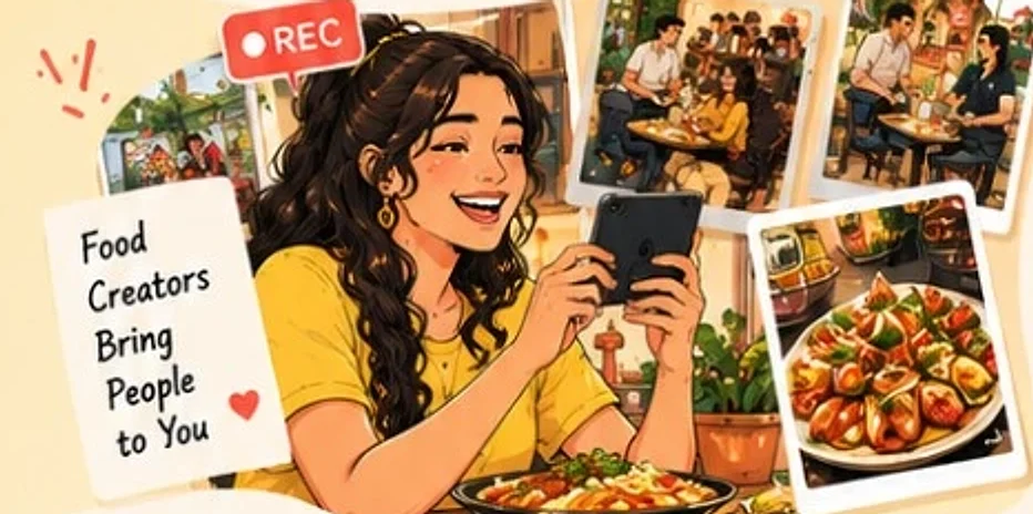 A creator showing food photos on a tablet