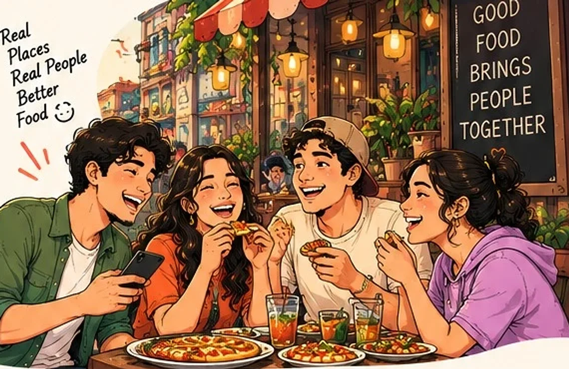 Friends laughing over pizza at a café