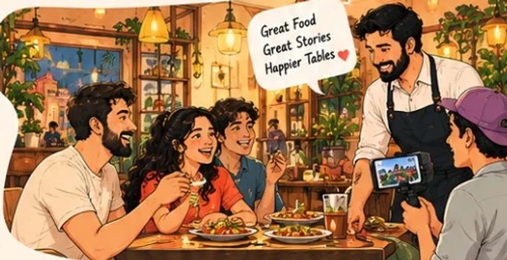 Diners and a creator at a busy restaurant table